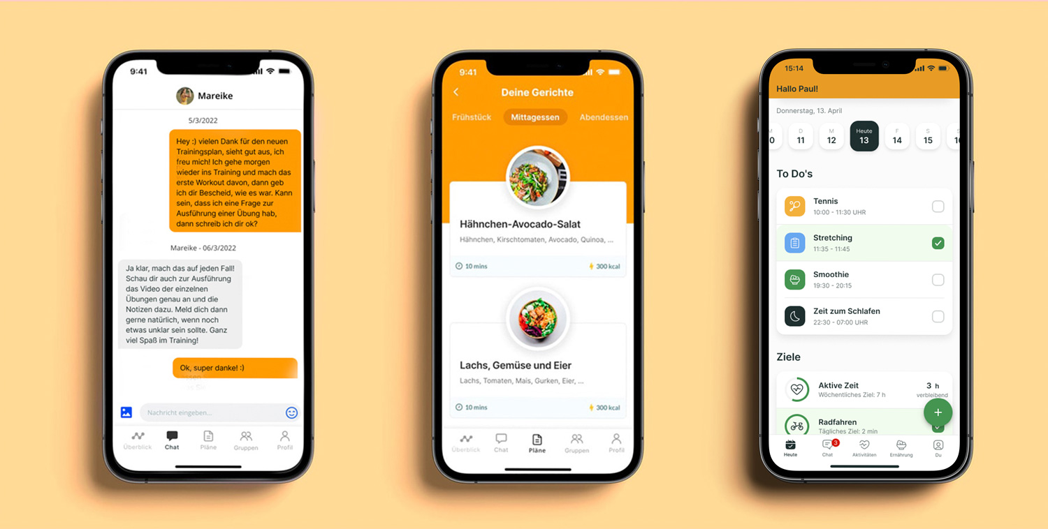 Ein Mockup der Coaching-App, das die verschiedenen Funktionen zeigt.